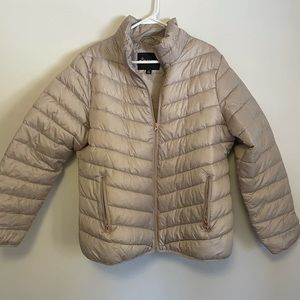 Sz XL Champagne puffer coat with rose gold zippers nwot